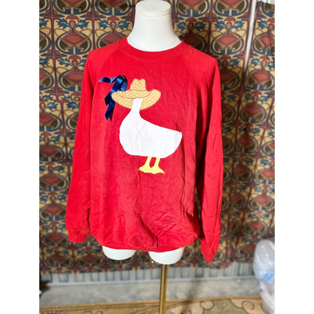 Vintage 90s Hanes Red Sweatshirt Goose Straw Hat‎ Applique Novelty XL